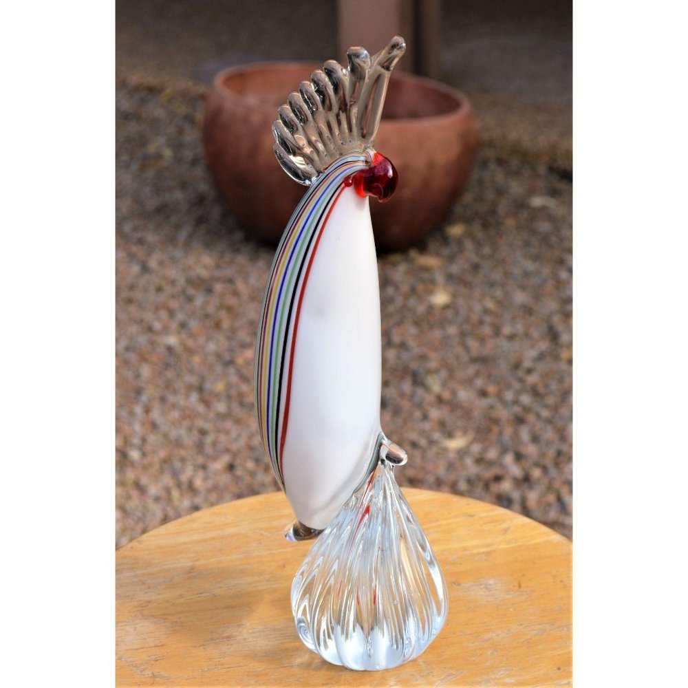 12" glass parrot white body ribbed clear pedestal.
